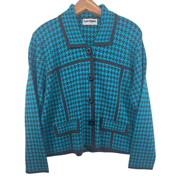 San Remo Sweaters - Vintage San Remo Womens Cardigan Sz L Turquoise/Black Houndstooth 80s Classic